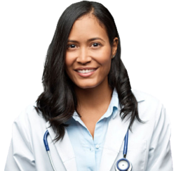 Actor portrayal of a female doctor with long, dark hair in a white lab coat with a stethoscope around her neck