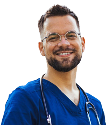 Actor portrayal of a male nurse wearing round-framed glasses, blue scrubs, and a stethoscope around his neck