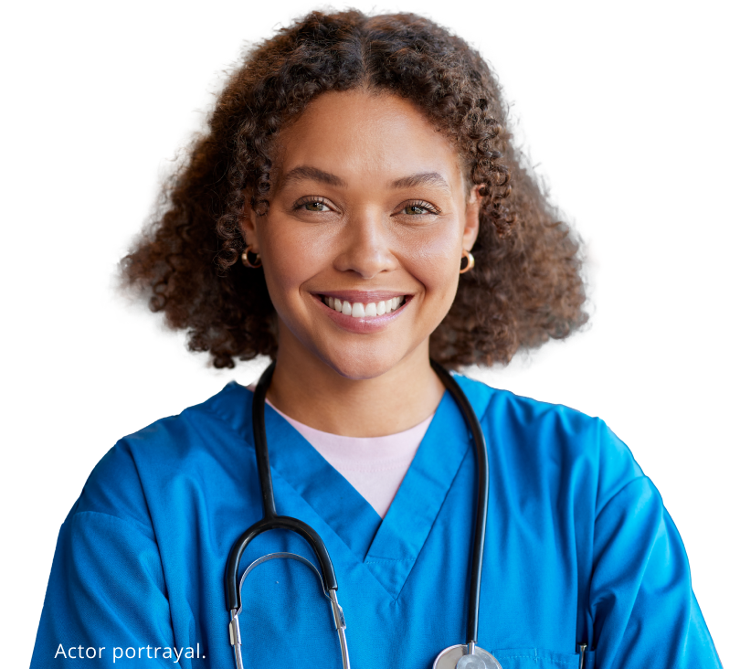 Actor portrayal of a nurse in blue scrubs with a stethoscope